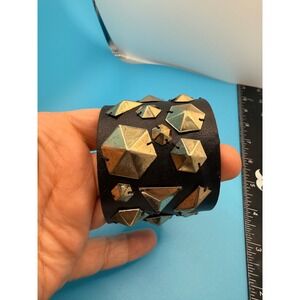 Black Faux Leather Gold Studded Wide Cuff Bracelet Punk Rock Geometric Statement